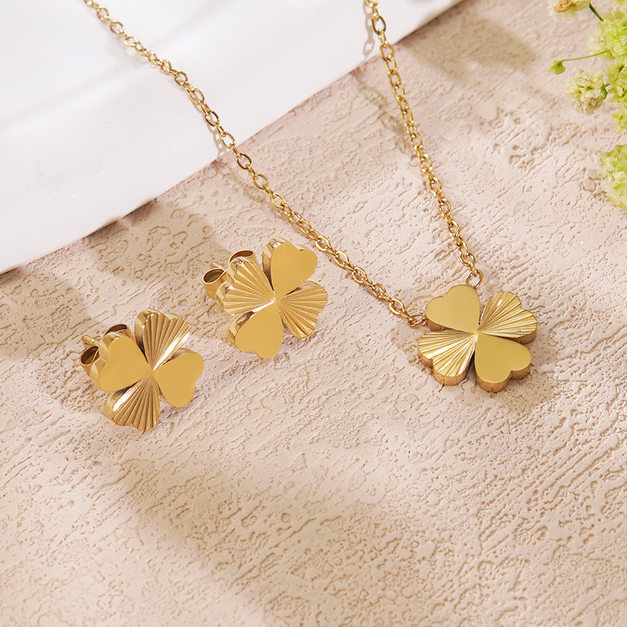 Vintage Plated Stainless Steel Plant Shape Floral Necklace and Earring Set with Cable Chain for Women