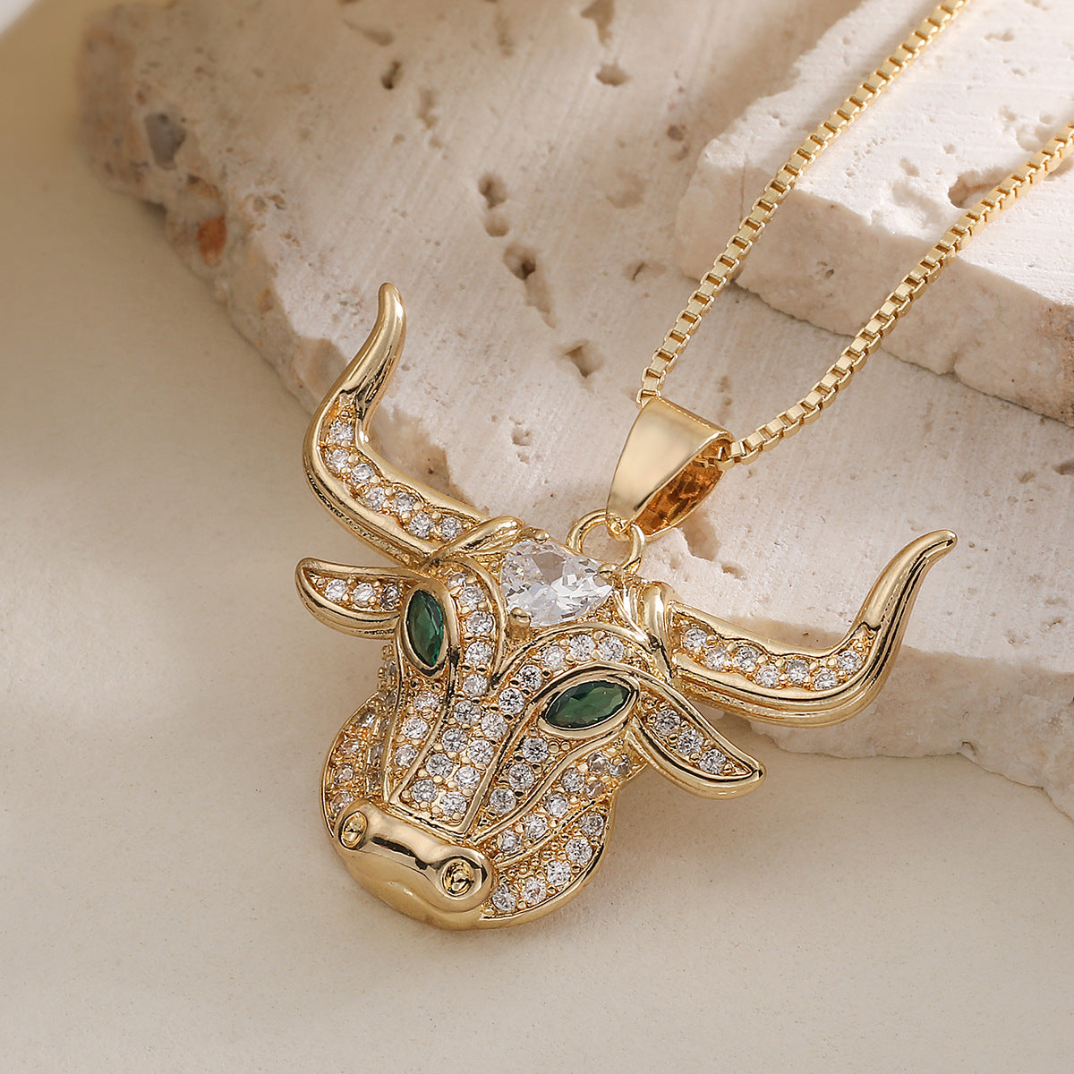 Hip-hop Minimalist Gold Plated Brass Bull Head Pendant Necklace with Cubic Zirconia