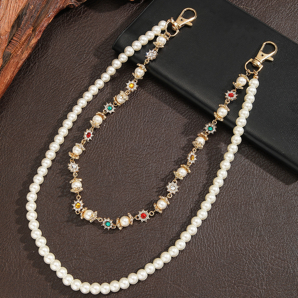 Punk Hip-hop Cross Pearl Rhinestone Polished Zinc Alloy Waist Chain for Men and Women