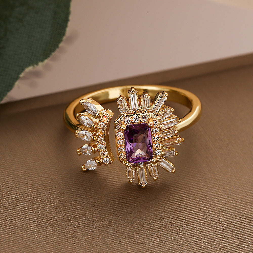 Anello da donna minimalista irregolare geometrico in rame con placcatura in vero oro e intarsio di zirconi