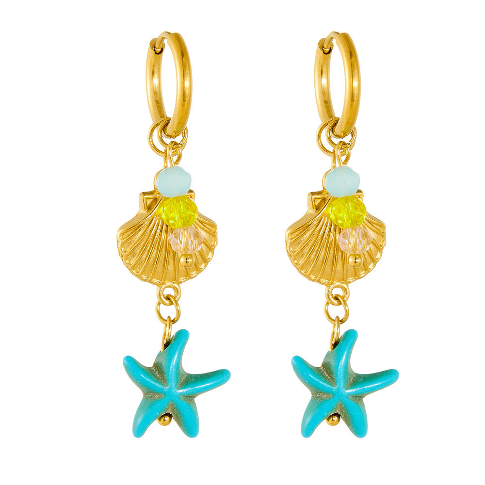 Casual Elegant Star Stainless Steel Plated Colorful Beaded Starfish Dangle Earrings for Women
