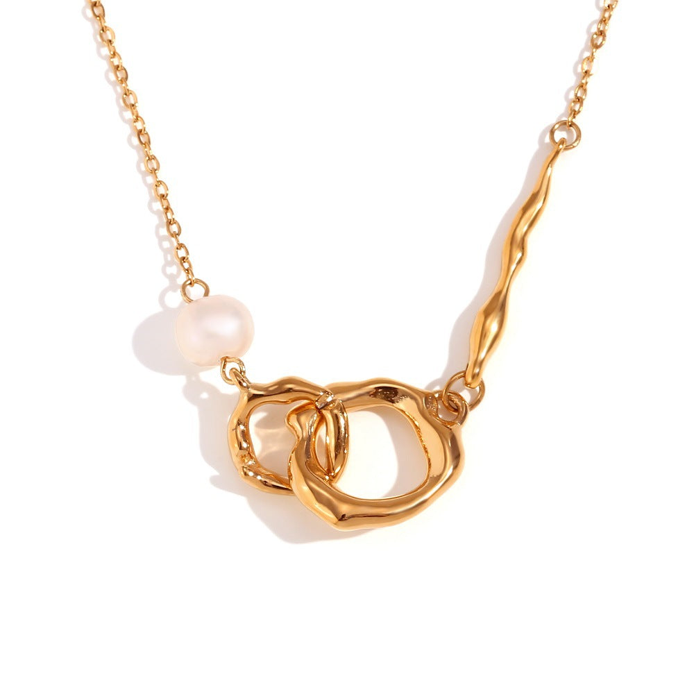 Collana a doppio cerchio con perle asimmetriche minimaliste da donna in acciaio inossidabile placcato oro 18 carati