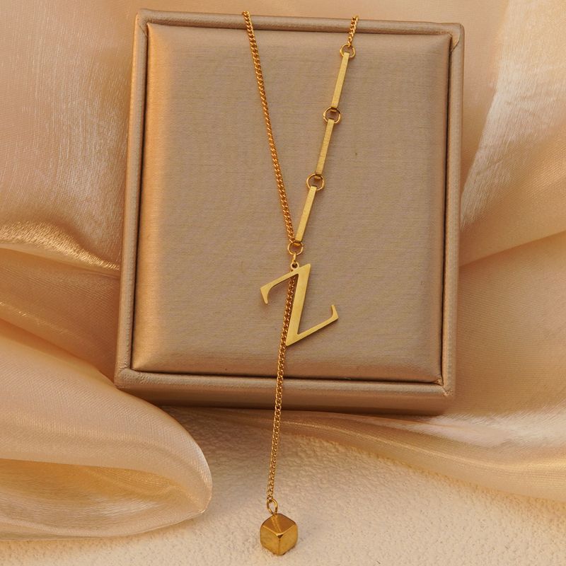 Minimalist Titanium Steel Letter Pendant Necklace with Tassel for Women