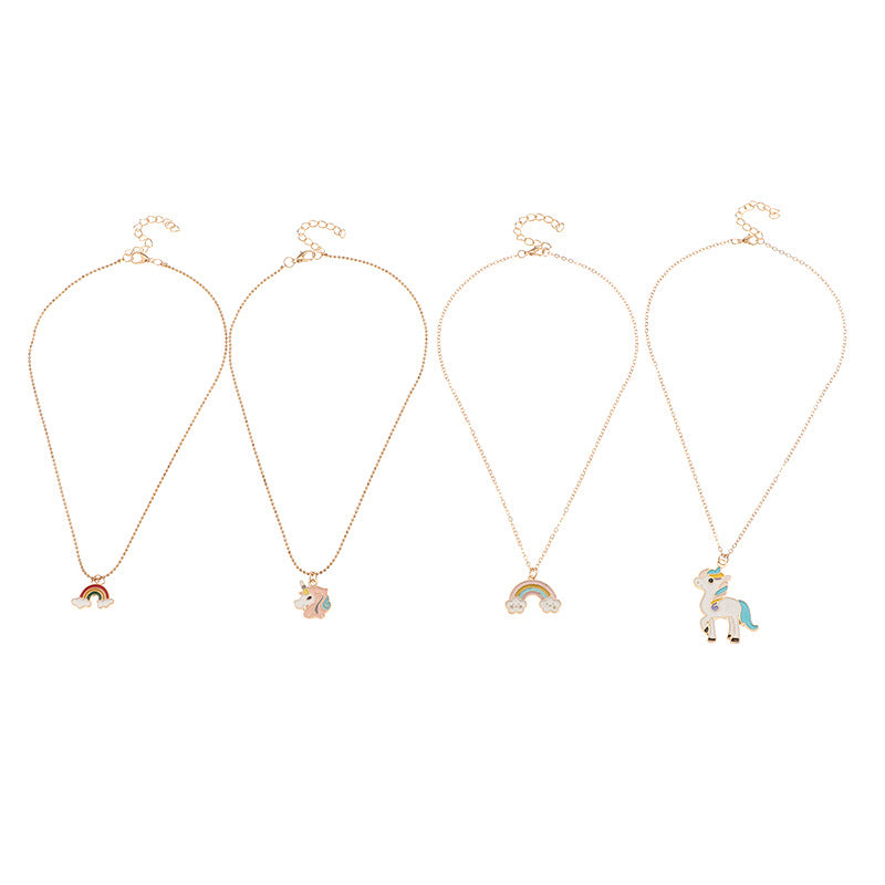 Collana con ciondolo unicorno arcobaleno in lega smaltata per ragazze, con catena a serpente in stile principessa