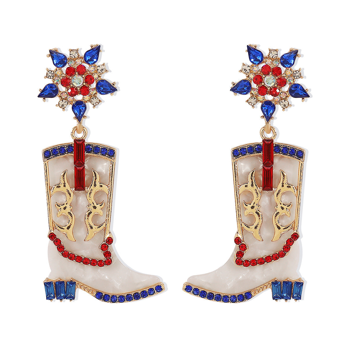 Pendientes de aleación con forma de bota vaquera, dulces y atrevidos, con incrustaciones de diamantes de imitación y acabado esmaltado para mujer