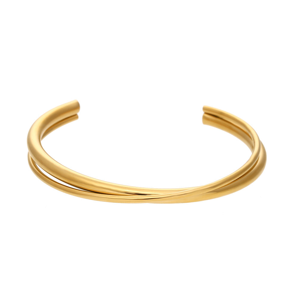 Minimalist Fashion Bracelet for Women Stainless Steel Double-Layer Cross-Over Cuff with 18K Gold Plating