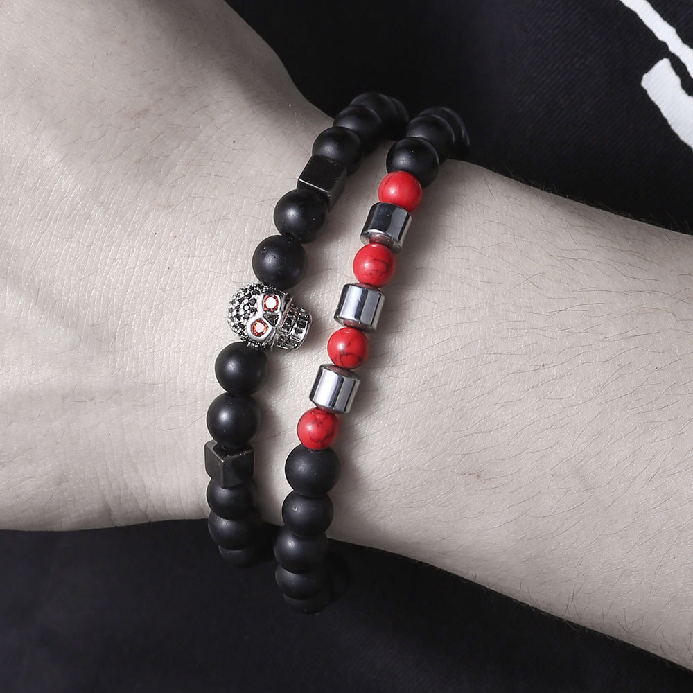 Micro-Paved Cubic Zirconia Geometric Skull Bracelet Set with Matte Black and Red Turquoise Beads