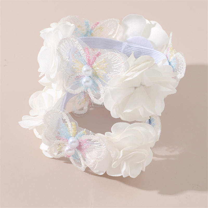 Elastico per Capelli a Fiocco "Sweet Style" in Tessuto con Ricamo Floreale Bianco 3D e Dettagli Perlati per Bambini