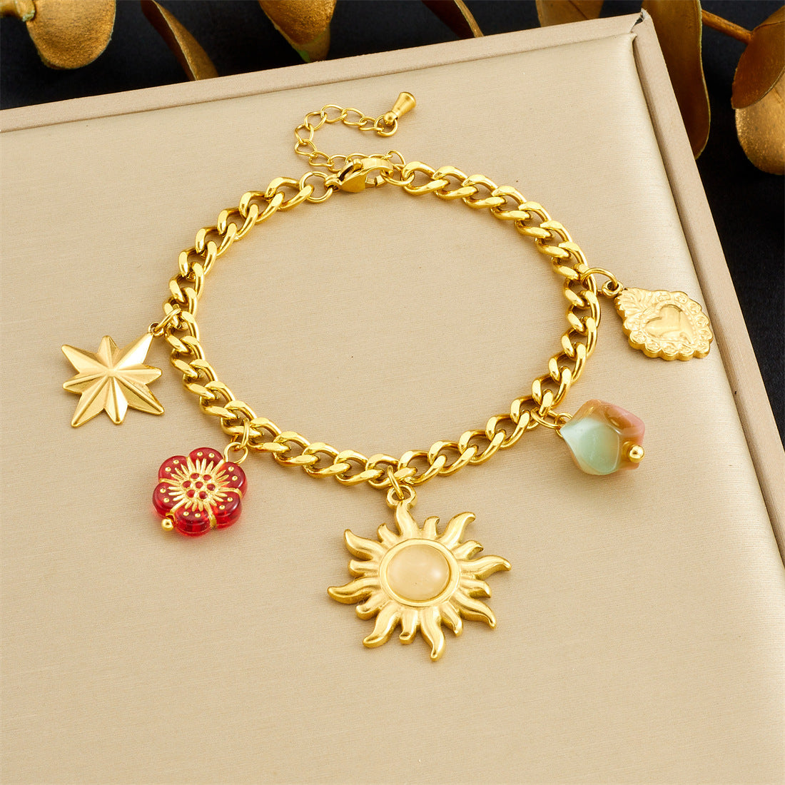 Vintage Gold Plated Sun Star Geometric Acrylic Beaded Printed Stainless Steel Jewelry Set for Women