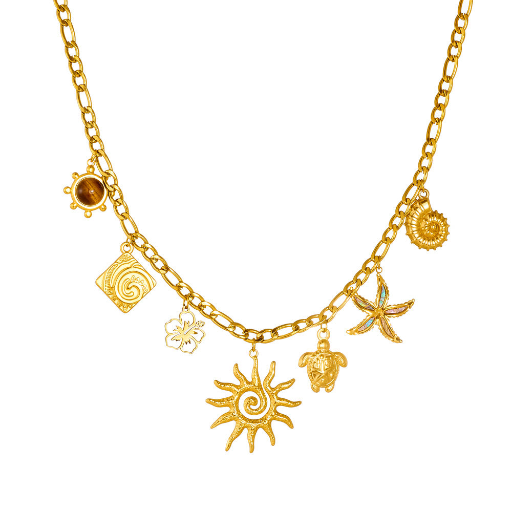 Chic Minimalist Hollow Floral Starfish Turtle Tiger's Eye Plated Stainless Steel Necklace for Women