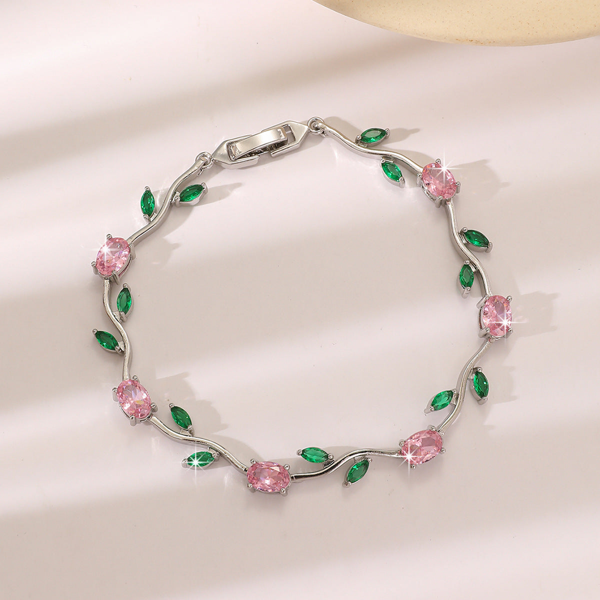Luxury Gold Plated Brass Leaf Bracelet with Cubic Zirconia Inlay Unisex Floral Design