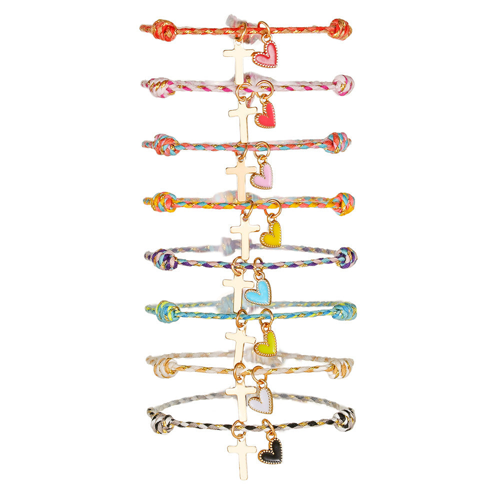 Rainbow Woven Heart Cross Drip Oil Alloy Bracelet for Women and Men