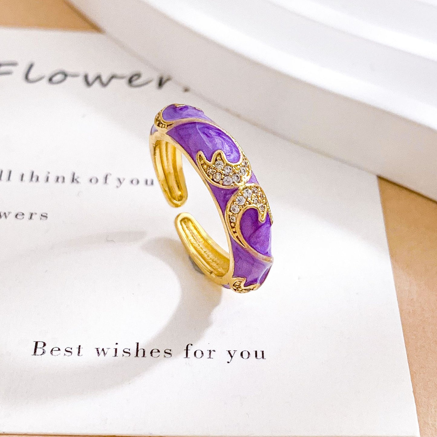 Minimalist Colorful Heart Drip Oil Gold Plated Brass Adjustable Ring for Women