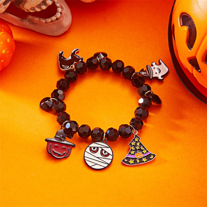Pulsera de aleación con diseño de gato negro y calavera, temática de Halloween, con cuentas geométricas estilo gótico