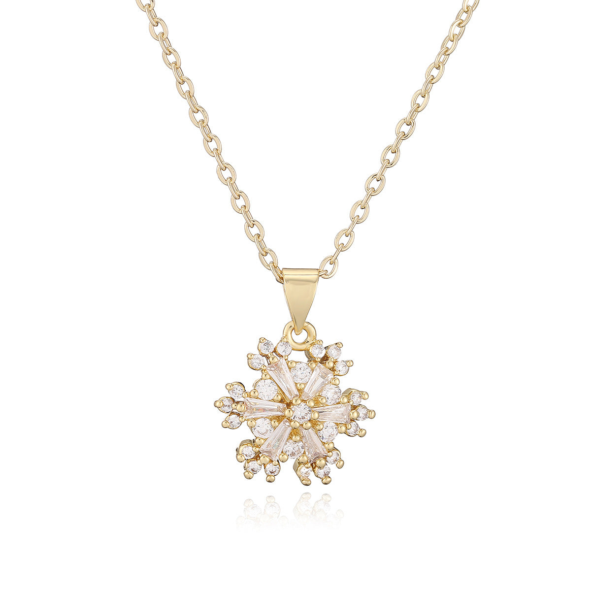 Sweet Minimalist 18K Gold Plated Brass Geometric Snowflake Cubic Zirconia Pendant Necklace for Women