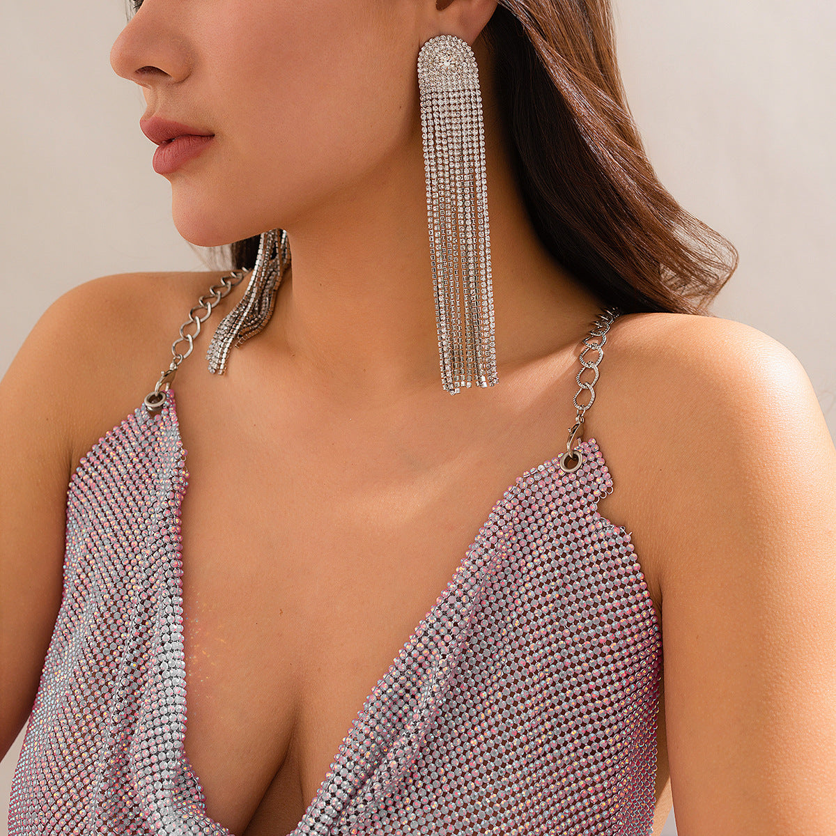 Pendientes de mujer minimalistas de metal con diseño geométrico y circonitas incrustadas, borla de cadena larga para fiesta y Año Nuevo