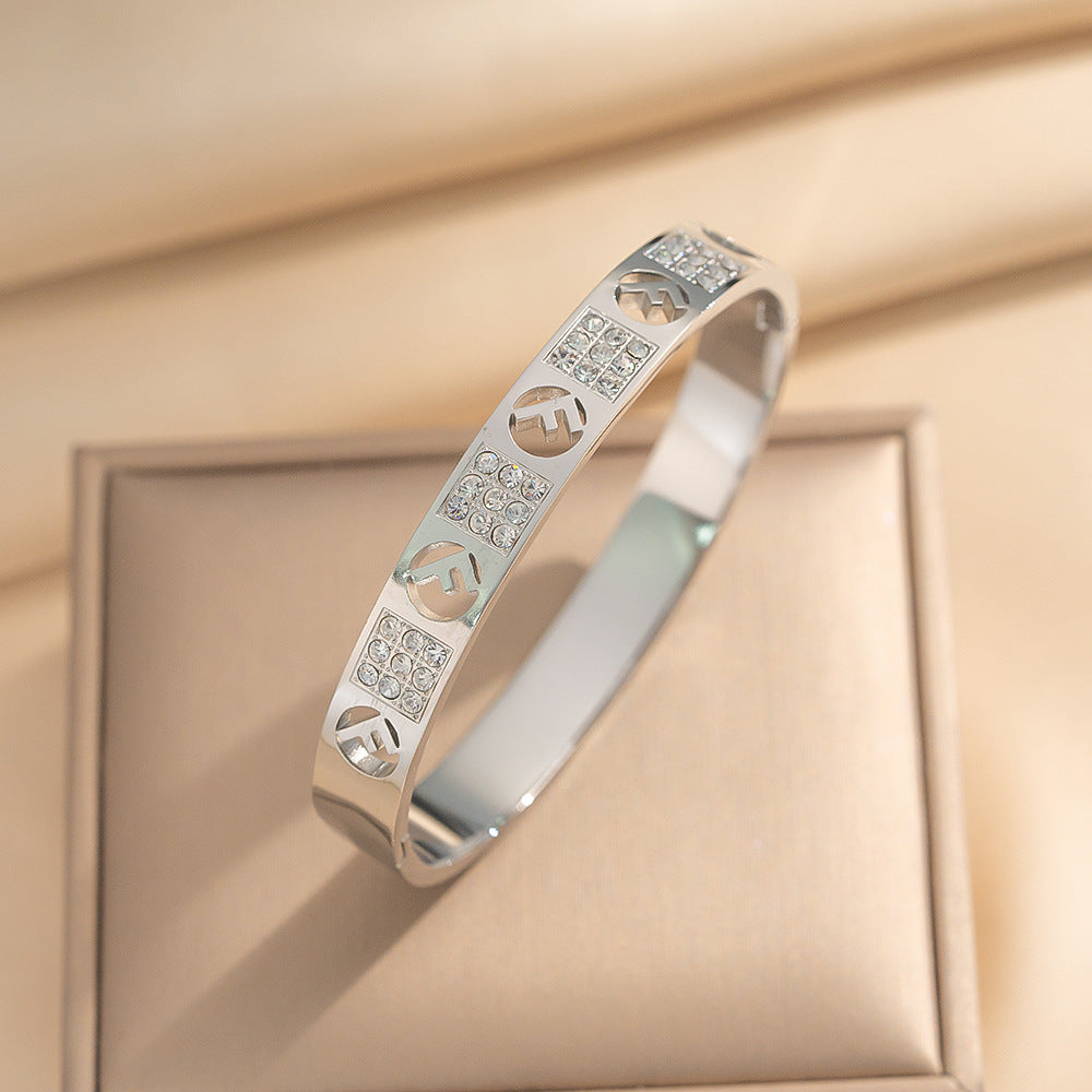 Vintage Minimalist 18K Gold Plated Titanium Steel Letter Cutout Cuff Bracelet with Rhinestone Inlay for Women