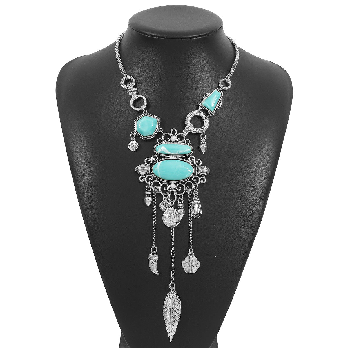 Collar étnico con colgante geométrico de aleación con incrustaciones de turquesa en cadena de serpiente, diseño vintage