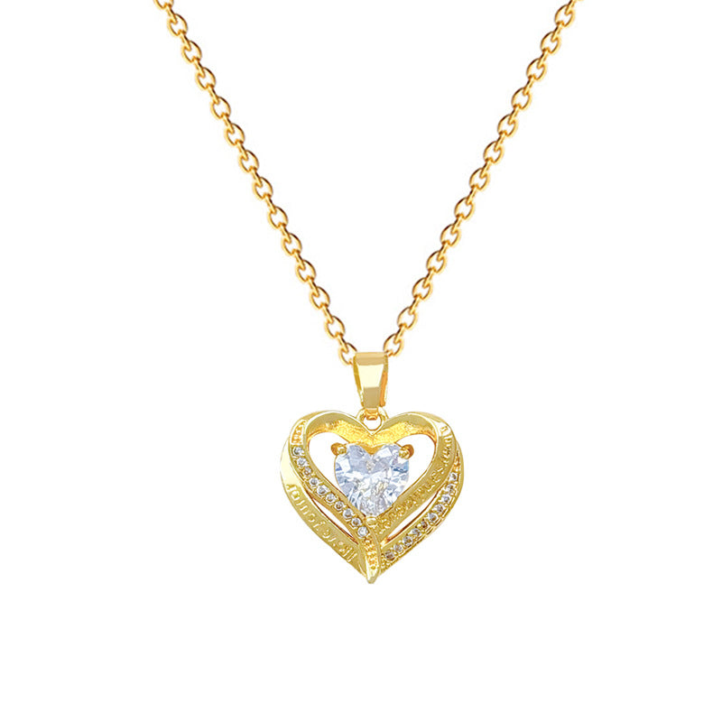 Sweet Minimalist Hollow Double-Layer Heart Rhinestone Titanium Steel Necklace for Women and Men