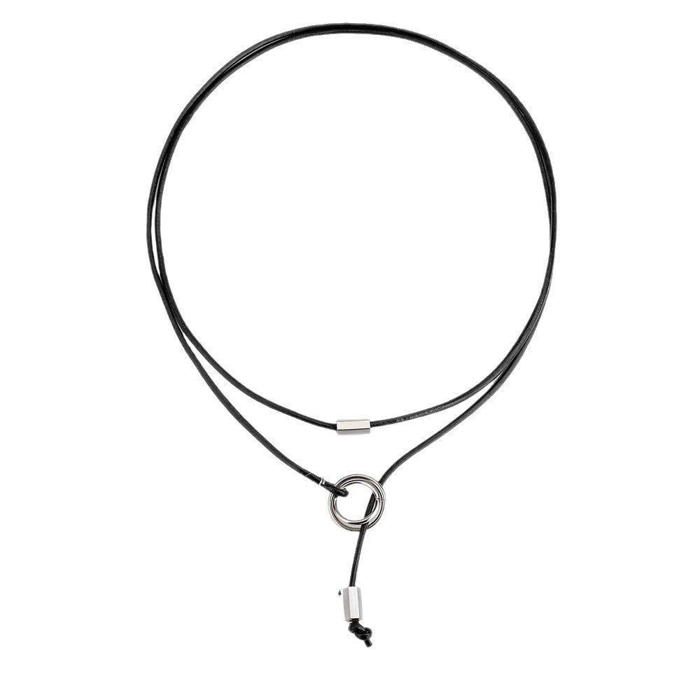 Geometric Round Leather Alloy Pendant Cable Chain Necklace Adjustable Multi-Layer Choker for Unisex