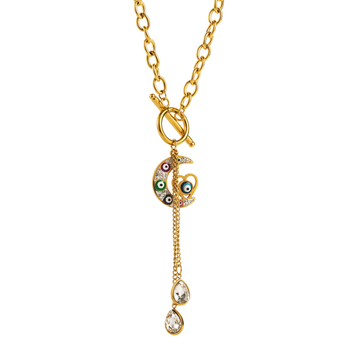 Collar con colgante de palma geométrico minimalista con detalle de ojo esmaltado azul, cadena con cierre de langosta de acero inoxidable chapado en titanio para mujer