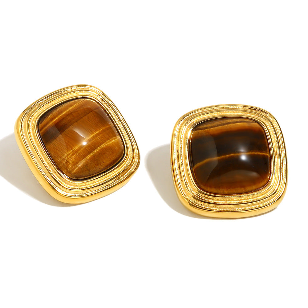 Vintage-Style Geometric Tiger Eye Stud Earrings in Stainless Steel with 18K Gold Plating for Women