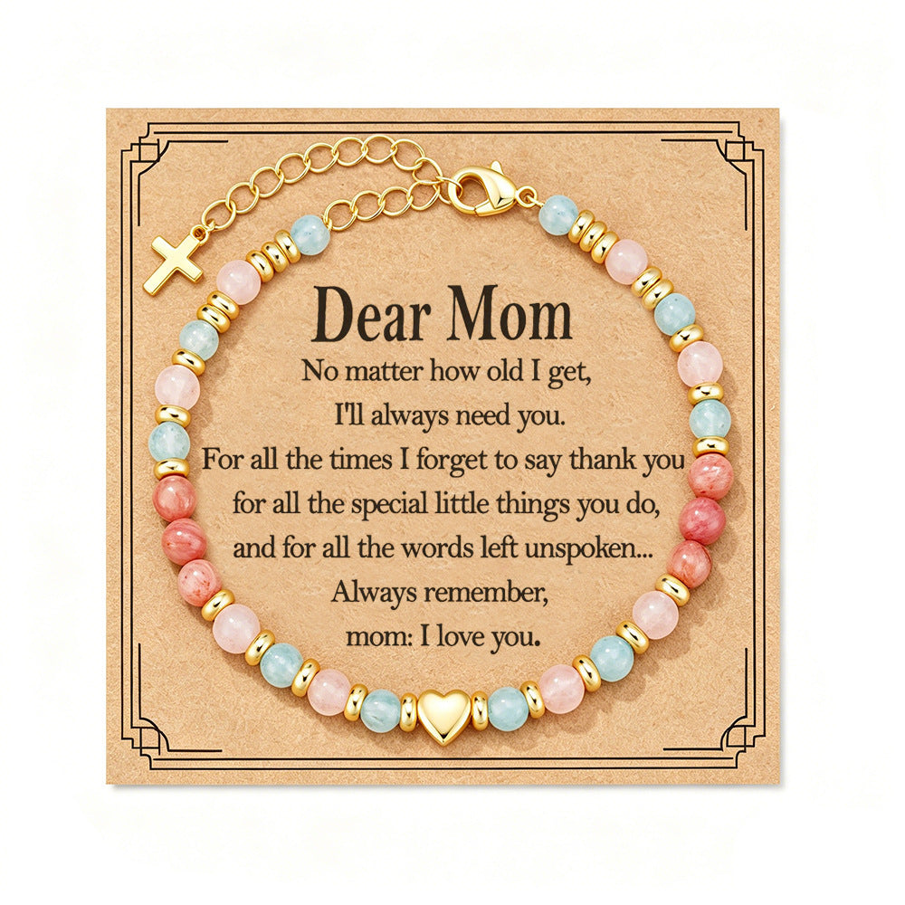 Elegant Heart Geometric Aquamarine Rose Quartz Charm Bar Beaded Bracelet for Women