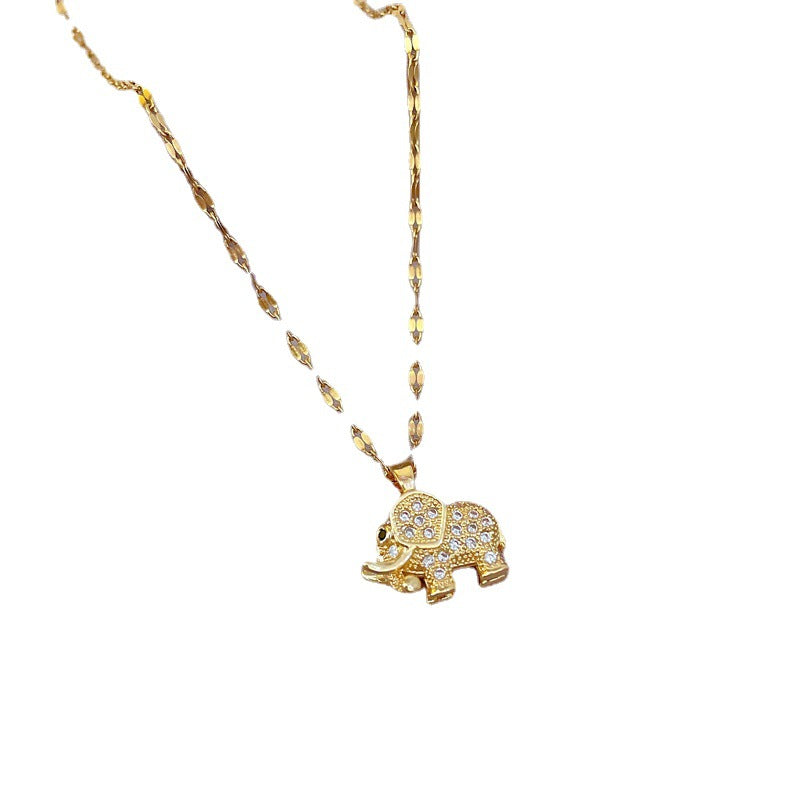 Luxury Cartoon Elephant Pendant Necklace in Titanium Steel with Rhinestone Inlay for Unisex Collar Chain