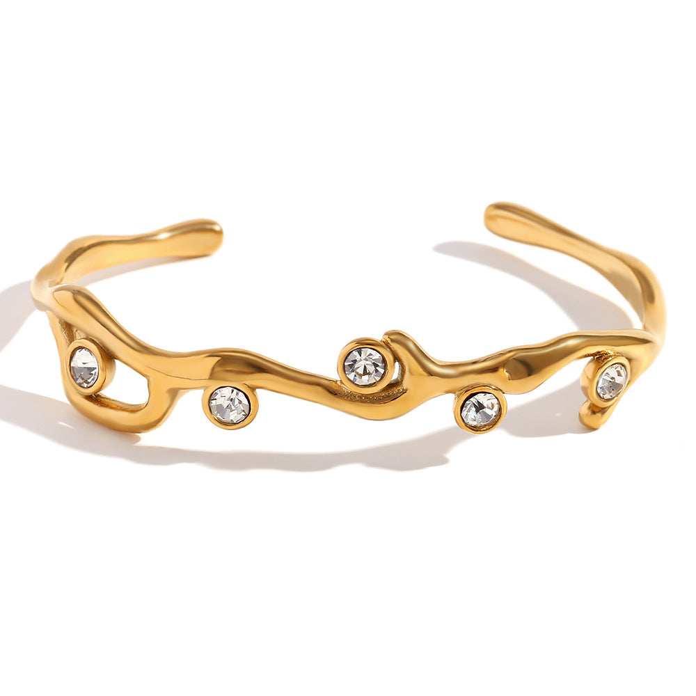 Fashionable Minimalist Branch-Shaped Stainless Steel Plated 18K Gold Colorful Rhinestone Bracelet for Women
