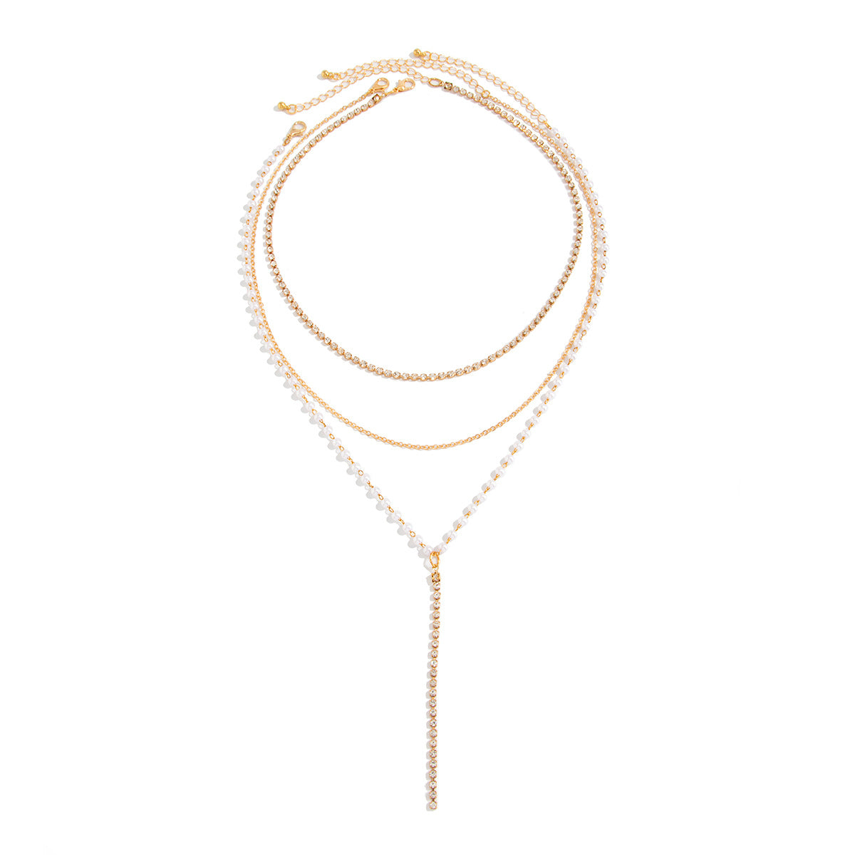 Elegant Geometric Multi-Layer Y-Necklace with Faux Pearl and Rhinestone Inlay Plated Iron Pendant Cable Chain for Women