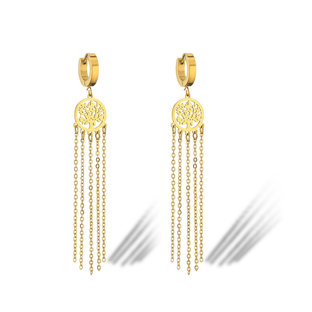 Vintage-Style Tassel Earrings in Titanium Steel with Geometric Tree of Life Design for Women