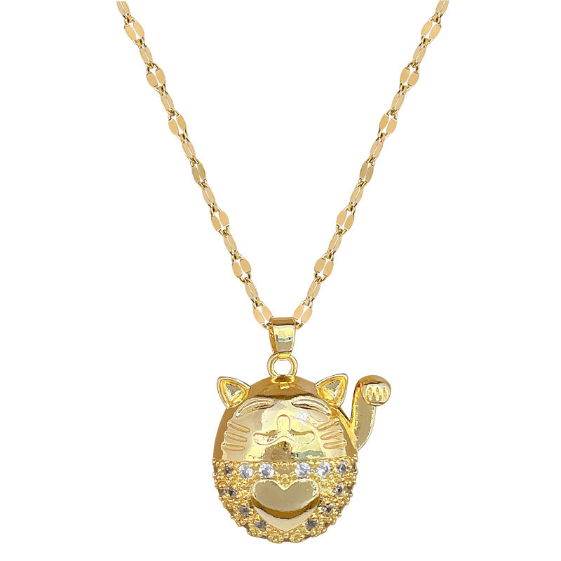 Collana pendente a forma di gatto minimalista in acciaio inossidabile con intarsio di strass per donne e uomini, catena regolabile