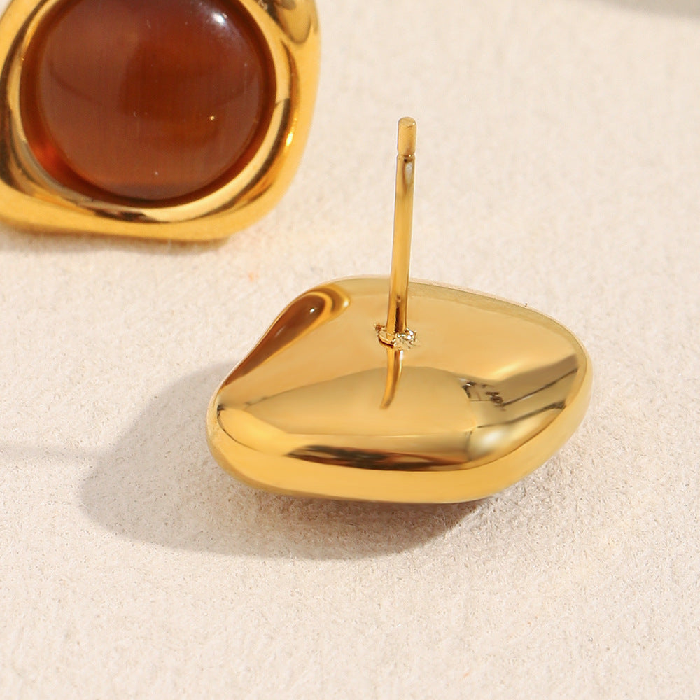 Pendientes de tuerca minimalistas geométricos franceses antiguos de acero inoxidable chapados en oro de 18 quilates con ojo de tigre para mujer