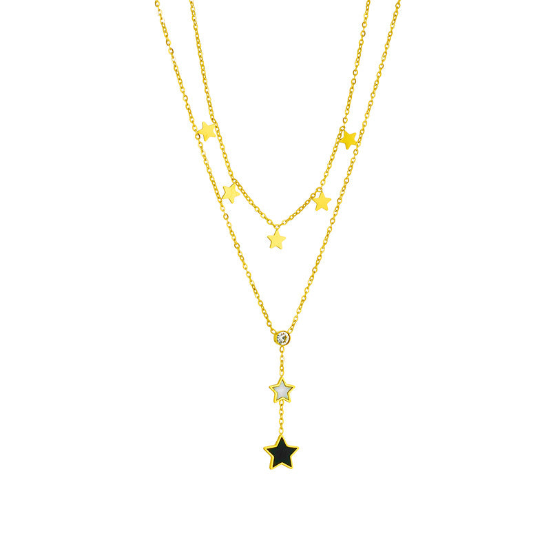 Collana con Pendente a Stella a Cinque Punte Geometrica Minimalista Nera e Bianca con Accenti di Strass su Catena a Maglie di Serpente in Acciaio al Titanio da Donna