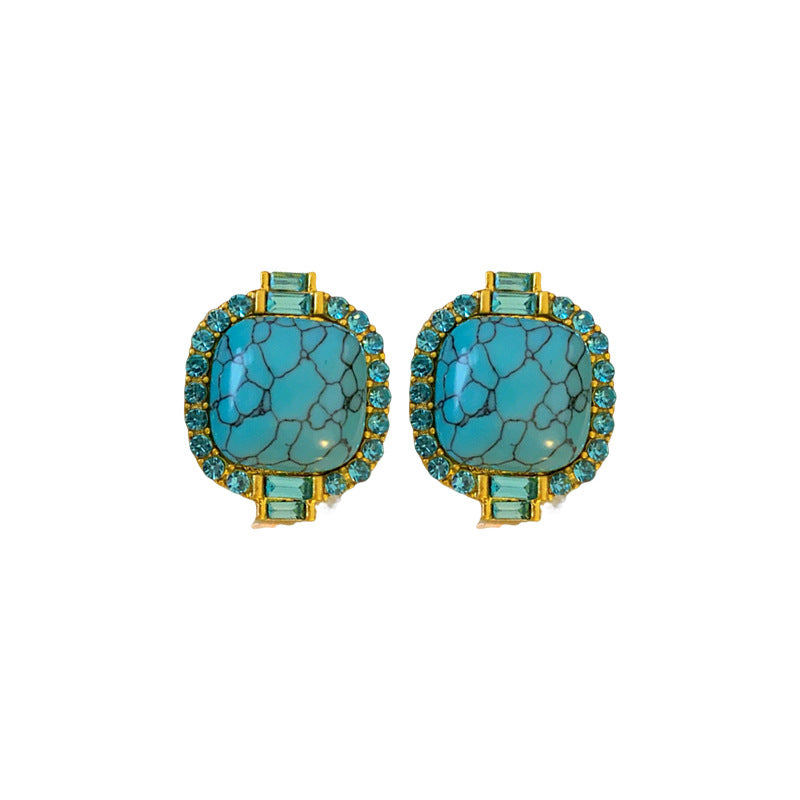 Vintage Geometric Turquoise-Inlaid Stud Earrings with Rhinestone Accents for Women