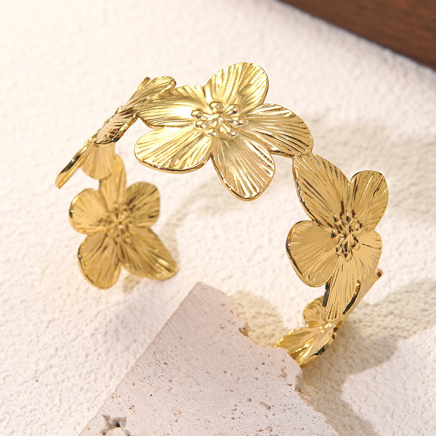 Elegant Floral Drip Oil Stainless Steel Flower Open Cuff Bracelet