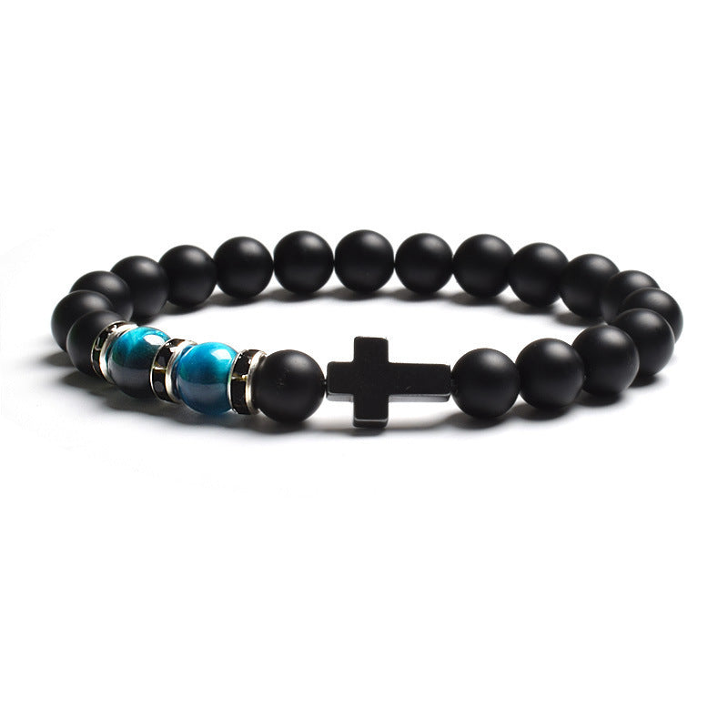 Vintage Cross Matte Stone Tiger's Eye Beaded Stretch Bracelet Unisex Geometric Handmade Jewelry