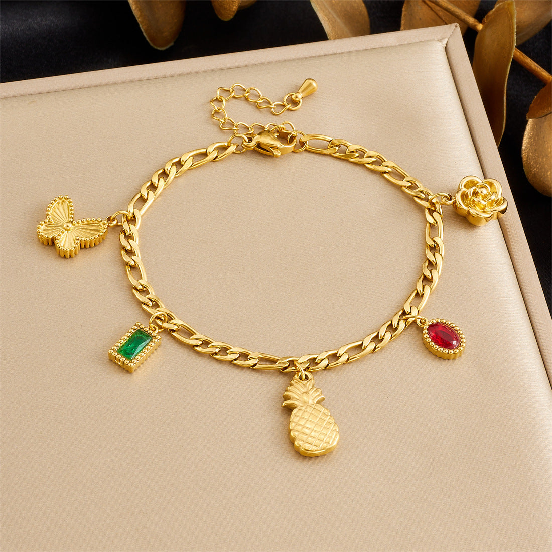 Minimalist Sweet Stainless Steel Drip Oil Plated Heart Floral Fruit Rhinestone Bracelet
