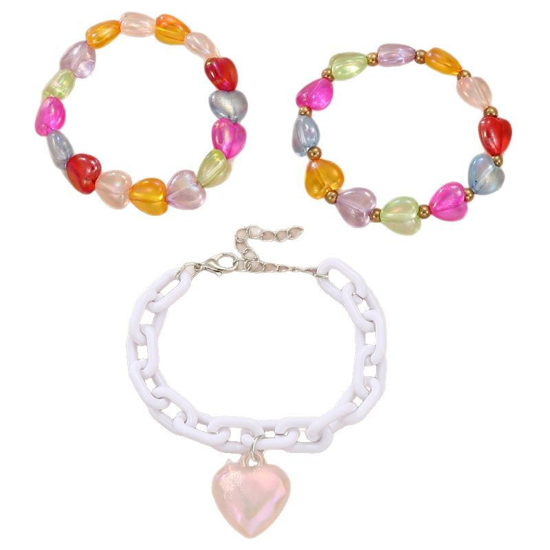 Dulce pulsera acrílica en forma de corazón para niñas con diseño de cuentas, accesorio de verano hecho a mano