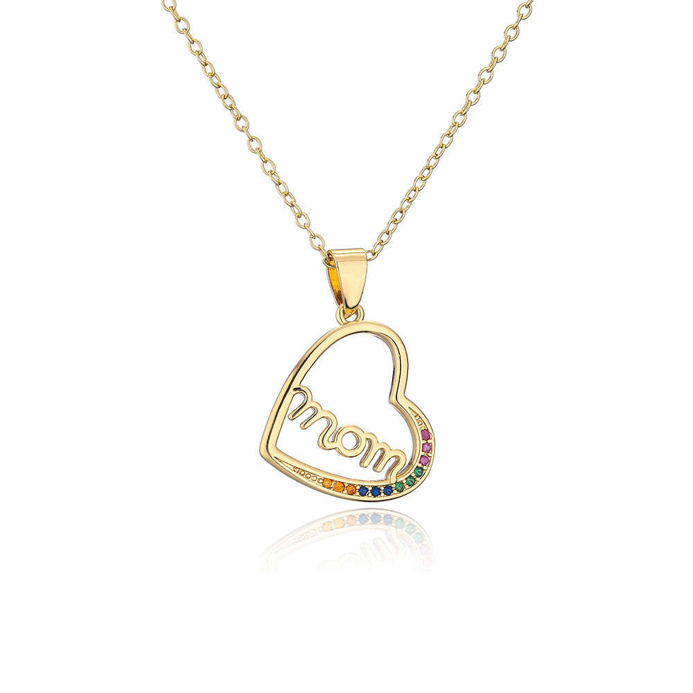 Geometric Heart-Shaped Copper Pendant Necklace with Gold Plating and Zircon Inlay for Mother's Day Gift