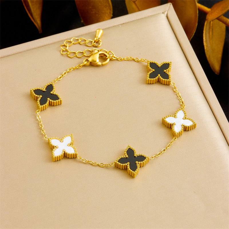 Minimalist Reversible Black and White Four-Leaf Flower Stainless Steel Plated Necklace and Bracelet Set for Women