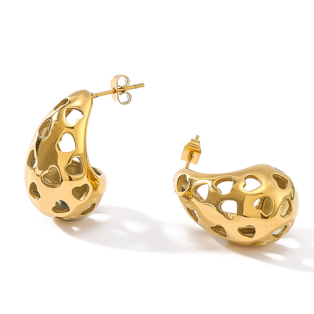 Minimalist Hollow Heart and Teardrop Stainless Steel Stud Earrings with 18K Vacuum Plating for Women