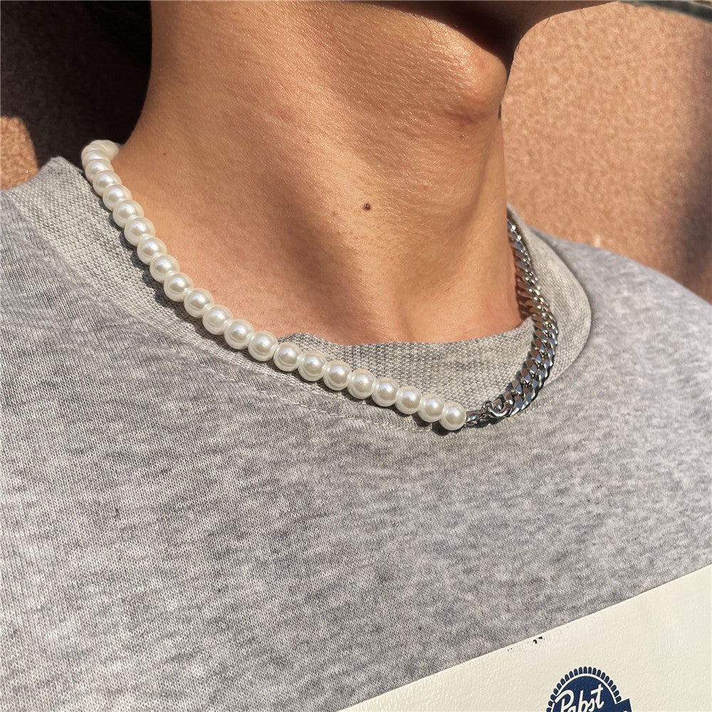 Geometric Titanium Steel Cuban Link Box Chain Necklace with Pearl Unisex