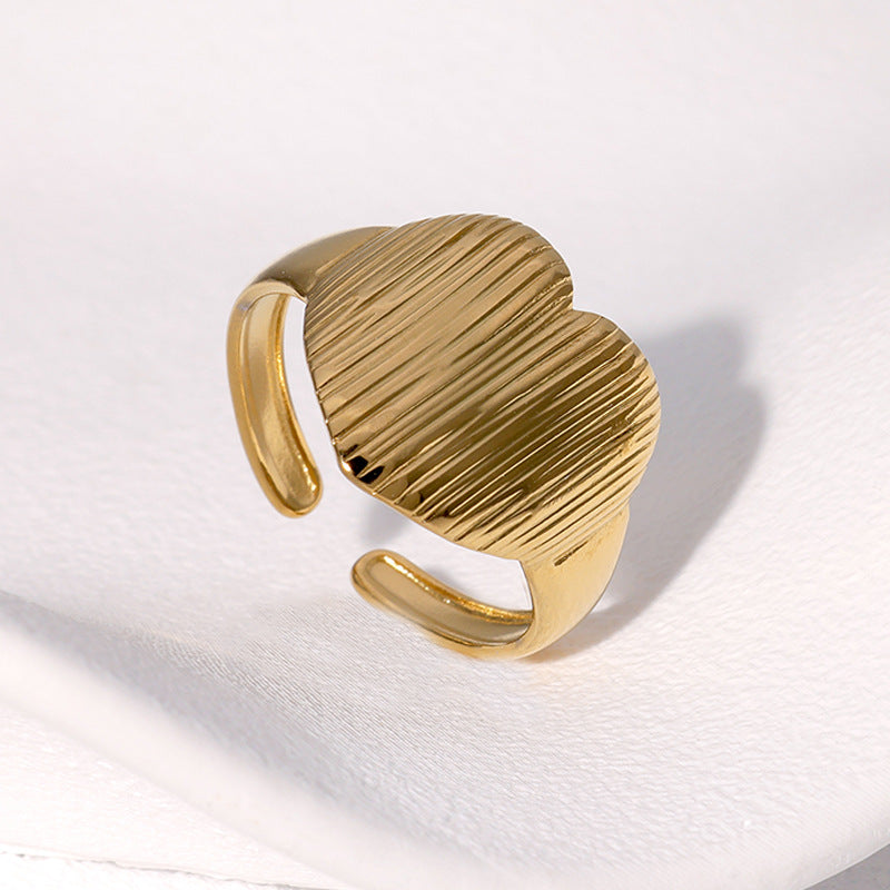 Sweet Minimalist Heart-Shaped Stainless Steel Ring for Women with Gold Plating Adjustable Open Band Finger Ring