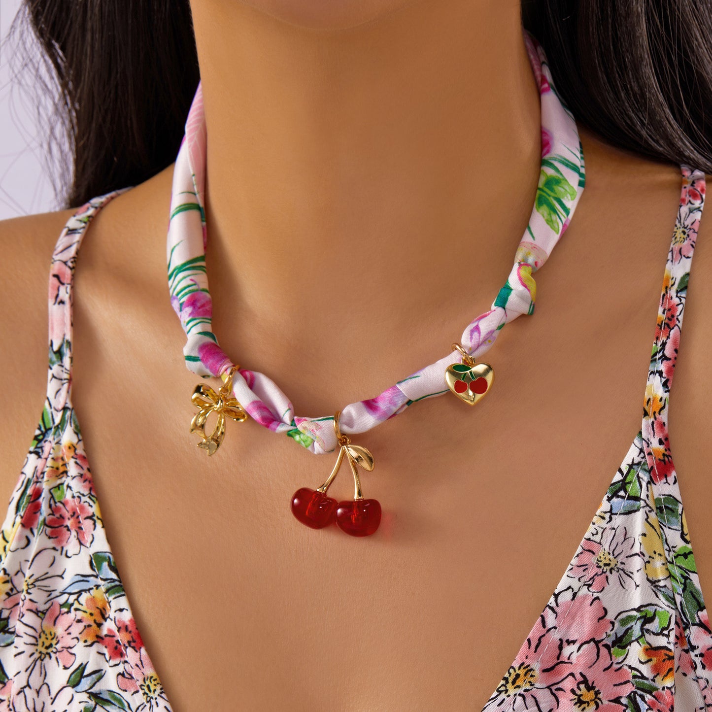 Sweet Colorful Braided Alloy Fruit Floral Pendant Ribbon Necklace for Women