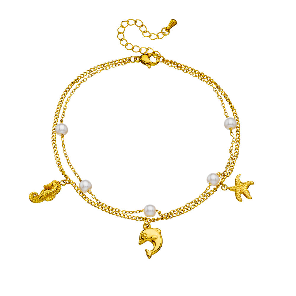 Elegant Double Layer Stainless Steel Starfish Pearl Anklet