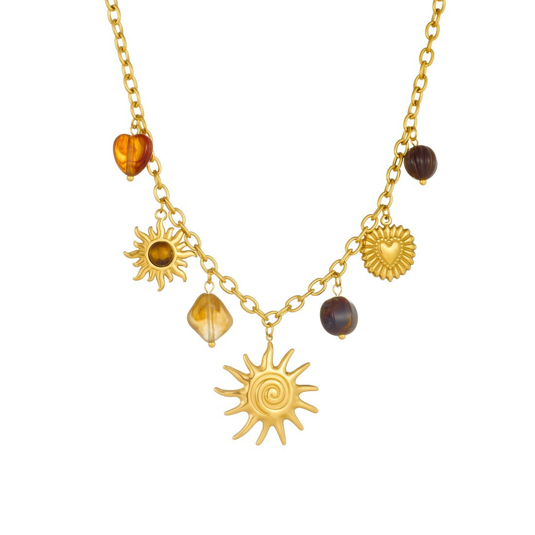 Vintage Gold Plated Stainless Steel Heart Sun Tiger's Eye Pendant Necklace and Bracelet Set with Cable Chain