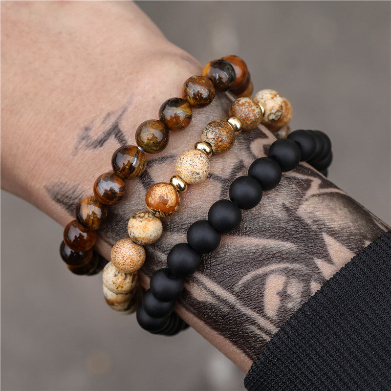 Matte Black Wood Hematite and Agate Beaded Stretch Bracelet Geometric Round Unisex