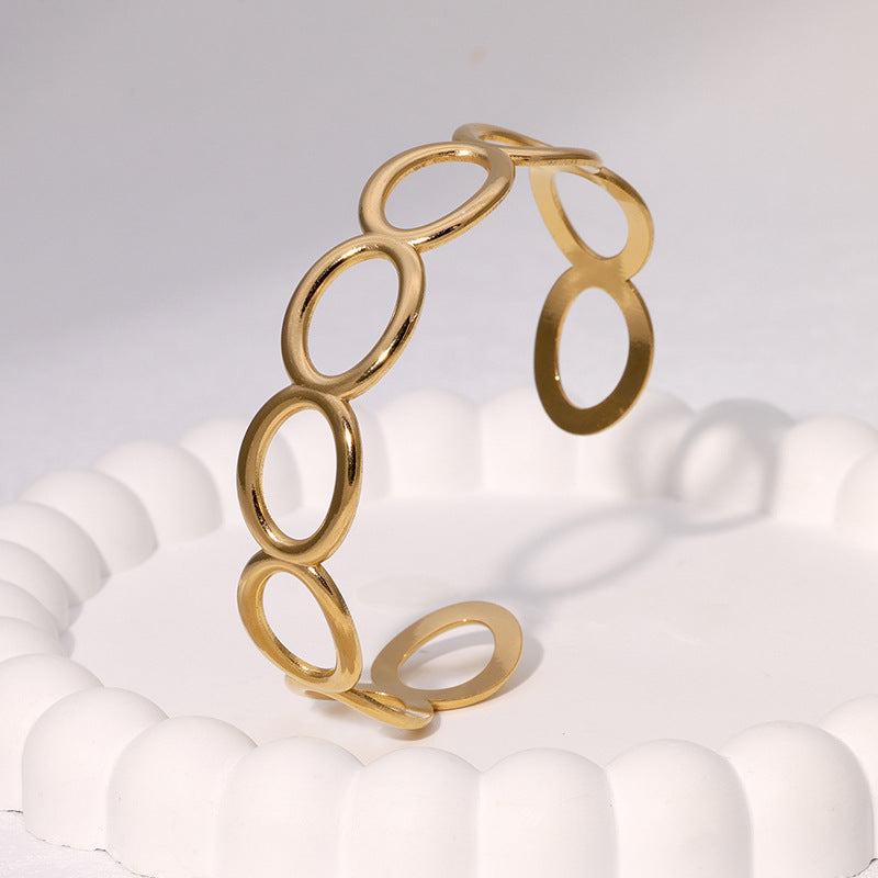 Minimalist Geometric Oval Stainless Steel Open Bangle Bracelet with Gold Plating