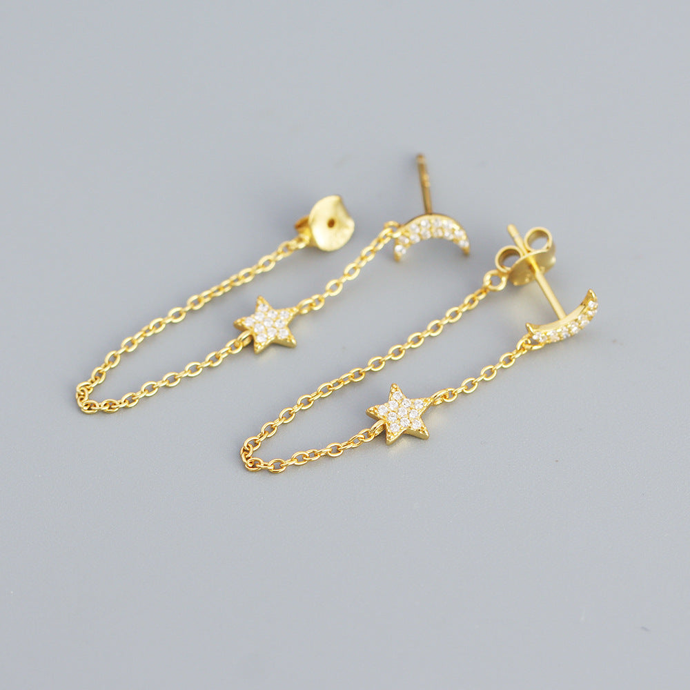 Orecchini in Argento Sterling 925 a Stella e Luna Geometrici con Inlay di Zirconi Cubici e Nappa a Catena Pendente
